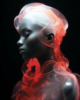 Mode Porträt von ein jung Modell- Mädchen im hell Neon- Farben auf ein dunkel hintergrund.generativ ai foto