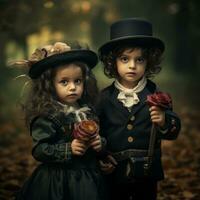 zwei Kinder gekleidet im viktorianisch Kleidung halten Rosen auf Gelegenheit von Halloween ai generativ foto