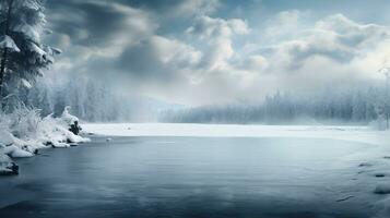 Winter Landschaft mit Schnee bedeckt Bäume und ein Fluss ai generativ foto