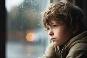 ein traurig wenig Junge suchen aus das Fenster auf ein regnerisch Tag. ai generiert foto