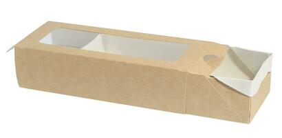 leeren braun rechteckig Karton Box mit ein transparent Deckel auf ein Weiß isoliert Hintergrund foto