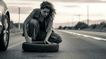 ein Frau Sitzung auf ein Reifen durch das Straßenrand ai generiert foto