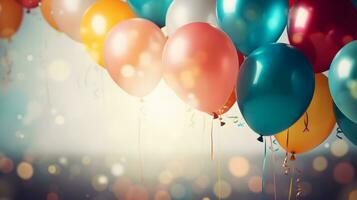 Geburtstag Tasse Kuchen mit Luftballons Hintergrund. ai generiert foto