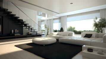 ein modern Leben Zimmer mit ein minimalistisch Design und kontrastieren Farben ai generiert foto