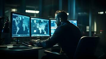 Sicherheit Analytiker versuchen Kampf Cyber Verbrechen. Cyber Hacker mit Computer. ai generiert foto
