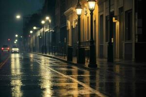 Stadt Straße beim regnerisch Nacht Straße und Straßenlichter beim Nacht Hintergrund. ai generativ Profi Foto