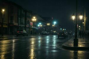 Stadt Straße beim regnerisch Nacht Straße und Straßenlichter beim Nacht Hintergrund. ai generativ Profi Foto