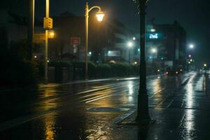 Stadt Straße beim regnerisch Nacht Straße und Straßenlichter beim Nacht Hintergrund. ai generativ Profi Foto