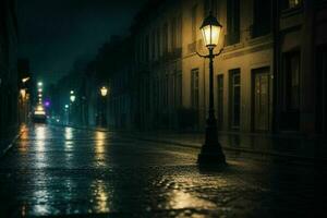 Stadt Straße beim regnerisch Nacht Straße und Straßenlichter beim Nacht Hintergrund. ai generativ Profi Foto