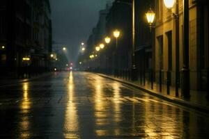 Stadt Straße beim regnerisch Nacht Straße und Straßenlichter beim Nacht Hintergrund. ai generativ Profi Foto