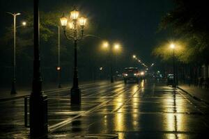 Stadt Straße beim regnerisch Nacht Straße und Straßenlichter beim Nacht Hintergrund. ai generativ Profi Foto