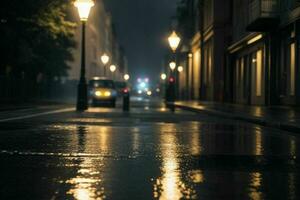 Stadt Straße beim regnerisch Nacht Straße und Straßenlichter beim Nacht Hintergrund. ai generativ Profi Foto