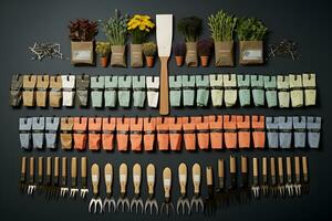 einstellen von Gartenarbeit Werkzeuge und Blumentöpfe Collage. ai generiert foto