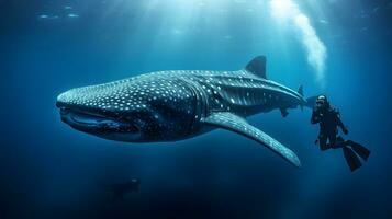 Person Tauchen mit Wal im tief Blau Ozean. ai generiert foto