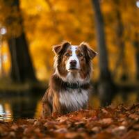 ai generiert rot Rand Collie Hund unter rot fallen Blätter im Herbst Farben im das Park Gehen Hund foto
