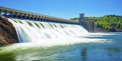 Wasserkraft Damm Erstellen Grün Energie von fließend Wasser. ai generiert. foto