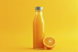 Orange Saft Flasche auf Orange Hintergrund. ai generiert foto