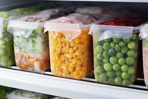 gefroren Essen im das Gefrierschrank. gefroren Gemüse. ai generiert foto