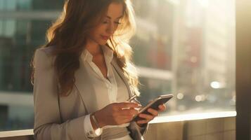 Geschäftsfrau im formal Kleidung. sie ist glücklich und heiter während mit Smartphones und Arbeiten. jung Geschäftsfrau mit Apps auf Zelle Telefone, lesen Nachricht, schnell Verbindung. ai generiert foto