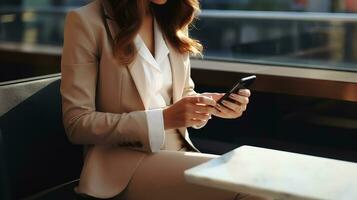 Geschäftsfrau im formal Kleidung. sie ist glücklich und heiter während mit Smartphones und Arbeiten. jung Geschäftsfrau mit Apps auf Zelle Telefone, lesen Nachricht, schnell Verbindung. ai generiert foto