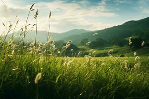 schön natürlich Landschaft Landschaft. Grün Hügel und Blühen wild hoch Gras im Natur beim Sonnenuntergang warm Sommer. pastoral Landschaft. foto