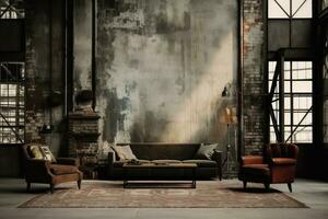 Leben Zimmer im industriell Stil mit Leder Sofa und Backstein Mauer. ai generiert foto