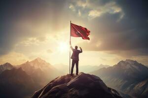 Geschäft Erfolg und Tor Konzept mit ein Silhouette von ein erfolgreich Geschäftsmann Stehen mit ein groß Flagge auf oben von ein Berg im das Morgen Sonnenlicht, mit seine Erfolg. ai generiert foto