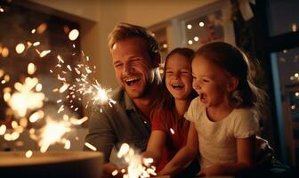 glücklich Familie mit Weihnachten Wunderkerzen beim Zuhause ai generiert foto