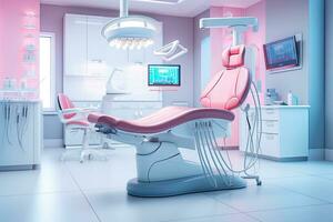 Innere von ein modern Dental Büro. 3d Wiedergabe, 3d Illustration, Zahnarzt Stuhl im das Dental Büro. Zahnheilkunde Konzept, ai generiert foto