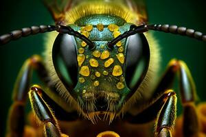 extrem Nahansicht von Mikroskopie ein Biene Porträt mit voll von Haar, isoliert auf Grün Natur Hintergrund. foto