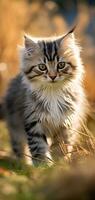ein Kätzchen Gehen durch das Gras im das Sonnenlicht ai generativ foto