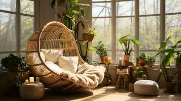 Jahrgang Boho Innere Zimmer Design voller Pflanzen Bohemien Szene zum inspiriert Innere Attrappe, Lehrmodell, Simulation Kunst im authentisch Ambiente, KI-generiert foto