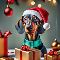 Dackel im Santa's Hut und Geschenke Grafik zum Weihnachten foto
