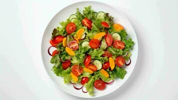 frisch Salat Freude. beschwingt Teller von Grüns auf ein sauber Weiß Tabelle foto