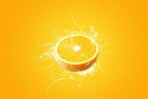 kreativ Layout gemacht von frisch geschnitten Orangen und Orange Obst und Wasser planschen auf ein Orange Hintergrund. foto