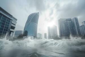 destruktiv ozeanisch Tsunami, Hochhaus Gebäude Hintergrund. natürlich Wasser Katastrophe. ai generiert. foto