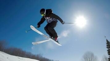 Skifahrer Sportler konkurrieren gehen Nieder von Ski Berg. ai generiert. foto