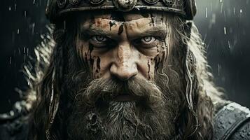 Porträt von ein mittelalterlich Krieger mit ein lange Bart und Schnurrbart im das Regen. foto
