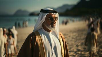 Arabisch Scheich reifen Mann auf das Strand beim Sonnenuntergang. Menschen auf das Hintergrund foto