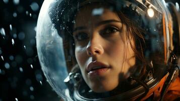Porträt von ein schön jung Frau im ein Astronaut Helm Hintergrund Raum Licht. foto