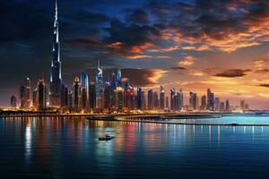 Dubai Yachthafen beim Sonnenuntergang im Dubai, Vereinigte Arabische Emirate Dubai war das am schnellsten Entwicklung Stadt im das Welt zwischen 2002 und 2008, Dubai und das persisch Golf beim Abend, ai generiert foto