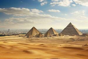 das großartig Pyramiden von Gizeh im Kairo, Ägypten, Afrika, Ägypten. Kairo - - Gizeh. Allgemeines Aussicht von Pyramiden und Stadtbild von das Gizeh Plateau, ai generiert foto