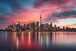 Toronto Stadt Horizont beim Sonnenuntergang mit Betrachtung im Ontario See, Kanada, Innenstadt Sydney Horizont im Australien, ai generiert foto