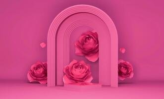 3d Anzeige Podium Rosa Blume, viva Magenta Hintergrund. Pfingstrose und Rose blühen fallen runter. Natur minimal Sockel zum Schönheit, kosmetisch Produkt Präsentation. Valentinstag, feminin Kopieren Raum Vorlage foto