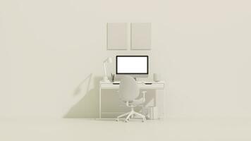Weiß und Beige einfarbig minimal Büro Tabelle Schreibtisch. minimal Idee Konzept zum Studie Schreibtisch und Arbeitsplatz, Rahmen Foto. Attrappe, Lehrmodell, Simulation Vorlage, foto