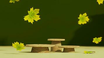 3d Hintergrund, Holz Podium Anzeige. natürlich trocken Herbst Blatt fallen. Grün Hintergrund mit Blätter Schatten. fallen Produkt Beförderung Schönheit Kosmetik, Gelb hölzern Stand. Studio minimal, Vorlage 3d machen foto