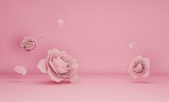 3d Anzeige Podium Pastell- Rosa Blume Hintergrund. Pfingstrose und Rose blühen fallen runter. Natur minimal Sockel zum Schönheit, kosmetisch Produkt Präsentation. Valentinstag, feminin Kopieren Raum Vorlage foto