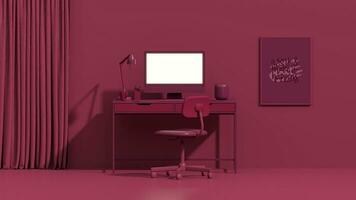 viva Magenta ist ein Trend Farbe Jahr 2023 im das Büro. Geschäft Zusammenarbeit Konzept. Mitarbeiter Arbeiten auf Computer. Dort sind Desktops auf das Tabellen.kreativ Innere Design. foto