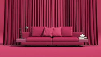 viva Magenta ist ein Trend Farbe Jahr 2023 im das Leben Zimmer. Innere von das Zimmer im einfach einfarbig dunkel Rosa Farbe mit Möbel und Sessel, Buch, Lampe. kreativ Innere Design. 3d machen foto