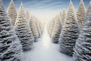 Weihnachten Kiefer Baum Bauernhof bedeckt im Weiß Schnee inmitten üppig Tanne Bäume im Winter Jahreszeit. schneebedeckt Landschaft von Grün Kiefer Baum Bauernhof Feld. Weihnachten Baum Wald. Winter Urlaub Hintergrund. generativ ai. foto